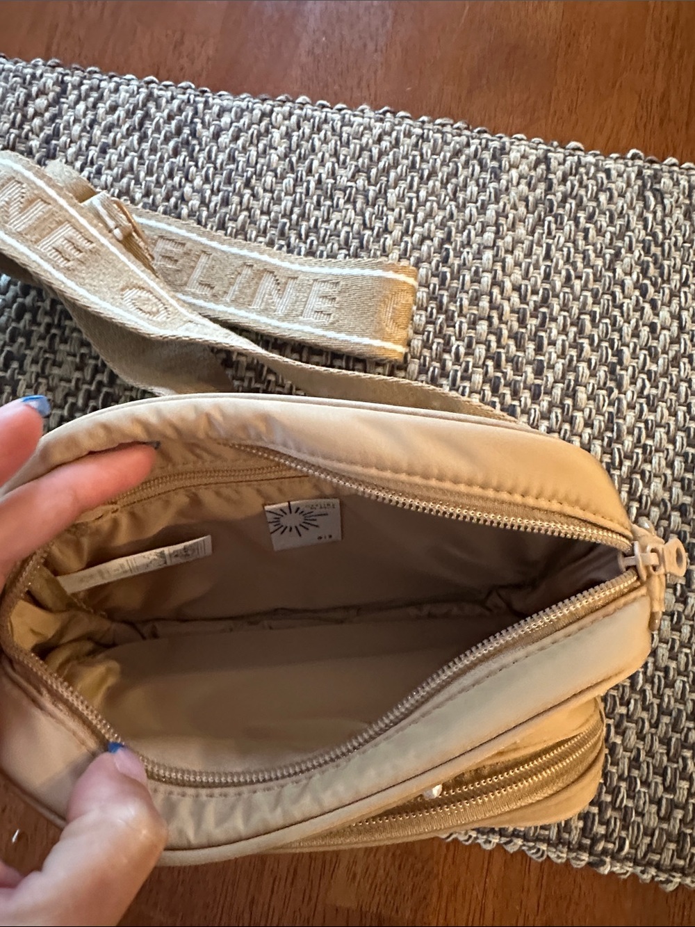 Pearl-Embellished Beige Crossbody Bag with Wide Logo Strap - Picture 3 of 4